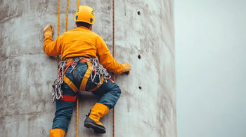 Worker using harness to climb building