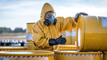Worker  wearing safety suit and handling hazardous material 