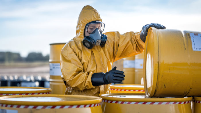 Worker  wearing safety suit and handling hazardous material 